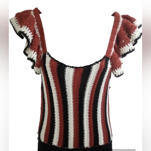 Zara Limited Edition Rust White Black Crocheted Ruffles Trim Striped Jum… - Picture 5 of 9
